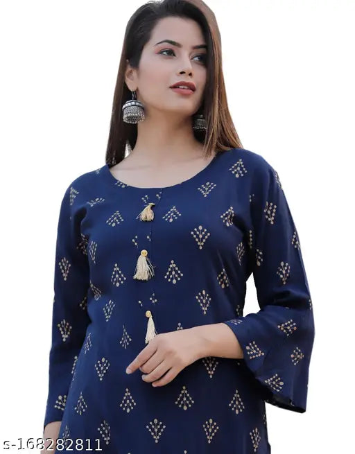 Blue plus size rayon kurta and sharara set, three-quarter sleeves, printed pattern on display