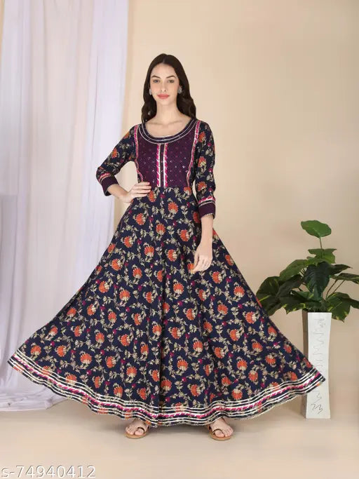 Rayon embroidered Kalamkari Anarkali Kurta with Gotta lace, M (Bust 19in), Indian traditional women's fashion