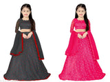 Blackred and gajri kids girls lehenga choli set, unstitched cotton lehenga and net dupatta with three-quarter sleeves, embroidered patterns. India origin