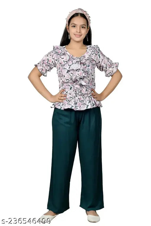 Multicolor cotton blend girls dress pack: 8-13 yrs, casual & partywear styles with white printed top & grey palazzo