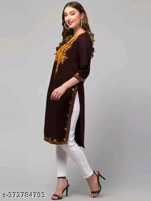 Woolen solid kurti for women, L (Bust 40in, Length 42in), India, intricate Aari embroidery artistry