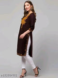 Woolen solid kurti for women, L (Bust 40in, Length 42in), India, intricate Aari embroidery artistry