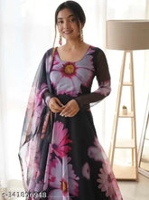 Floral print stitched Georgette gown with dupatta for women's parties, weddings, or festivals (India)