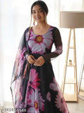 Floral print stitched Georgette gown with dupatta for women's parties, weddings, or festivals (India)