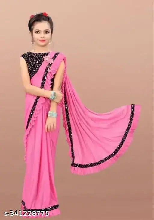 Ready-to-wear Lycra saree with embellished net blouse, available in various sizes for girls aged 3-14 years. Soft and easy to wear Indian wedding and festival attire made in India