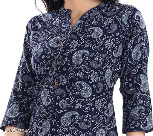 Blue crepe short kurti, digital floral print, GMK Fashions women's clothing, three-quarter sleeves