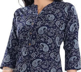 Blue crepe short kurti, digital floral print, GMK Fashions women's clothing, three-quarter sleeves