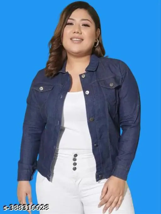 Dark blue plus size denim jacket for women, solid pattern in sizes 2XL-5XL