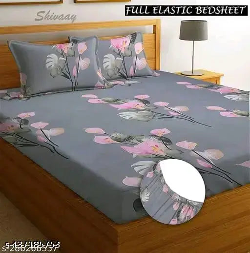 Pure white, elastic-fitted double bedsheet with floral pattern, 90x90" and fitted size 72 x 78", 220 TC cotton, perfect for summer, ideal for adults
