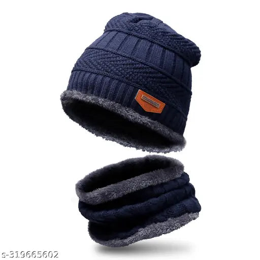 Wool winter beanie cap with neck warmer scarf set (one size), soft thermal fleece lined for men and women, perfect for outdoor activities and daily wear