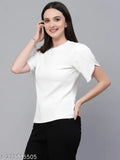 White poly knit smart casual top, solid pattern, short sleeves, made of polyester, flattering high neckline and tulip sleeves, fits sizes S-XL, India origin