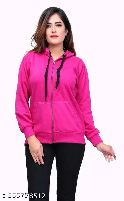 Pink fleece women's hoody jacket, solid color, long sleeves, M size (bust 28in, length 24in), winter wear