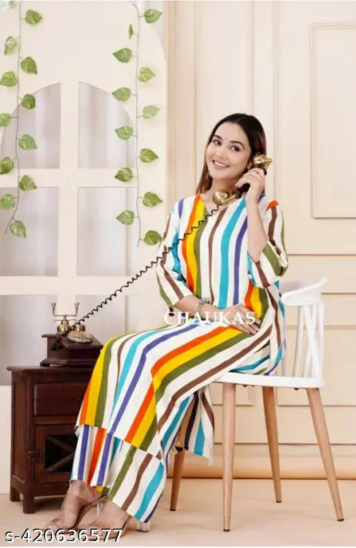 Multi-colored cotton printed Kurta Palazzo Set, traditional yet contemporary rayon fabric for a comfortable, stylish look