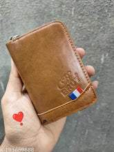 Brown faux leather zipper card holder, 11 slots for money and coins, RFID-blocking design, perfect for men and women's wallets