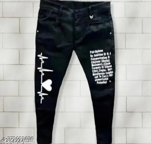 Black denim slim fit small heart jeans for men, latest style and solid pattern