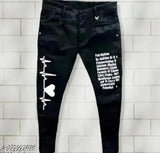 Black denim slim fit small heart jeans for men, latest style and solid pattern