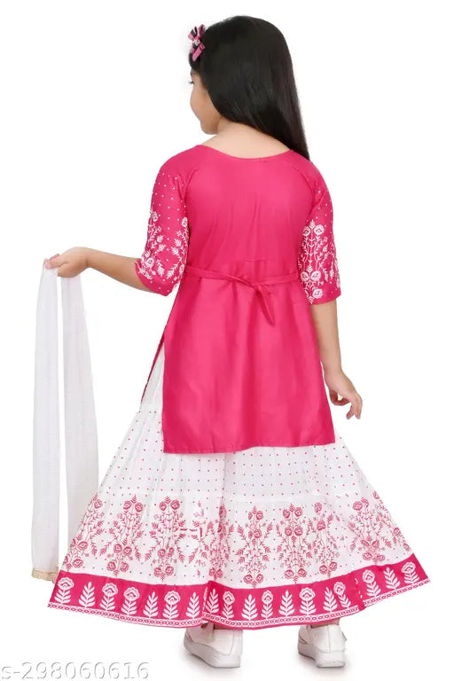 Rayon printed net palazzo set for girls, three-quarter sleeve kurti on hanger, Indian fashion for 2-11 years