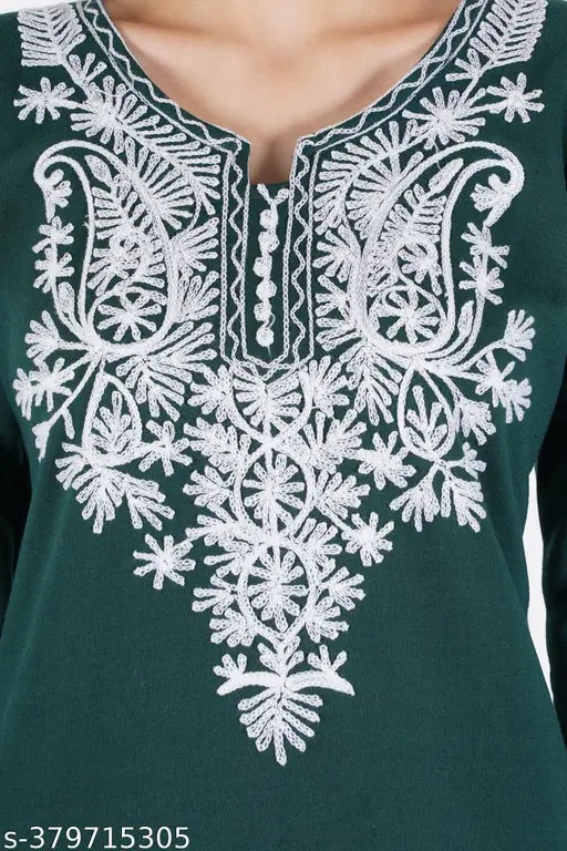 Woolen embroidered kurti for women, three-quarter sleeves, premium wool quality, India origin