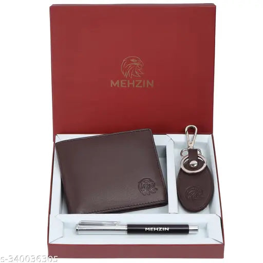 Brown genuine leather RFID wallet with pen & keychain combo (3 card slots), hand-stitched for durability and elegance