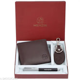Brown genuine leather RFID wallet with pen & keychain combo (3 card slots), hand-stitched for durability and elegance