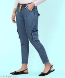 Stretchable premium denim cargo blue jogger jeans, plus size, mid-waist for girls