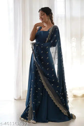Georgette gown with embroidered dupatta, sleeveless, Indian hand-embroidered women's formal wear