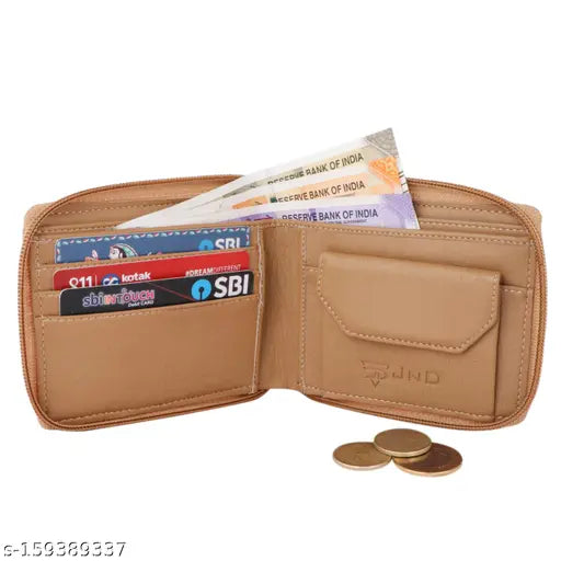 Beige PU round zip wallet, 2 compartments, well-crafted for men's essentials. Made in high-quality leather, India origin