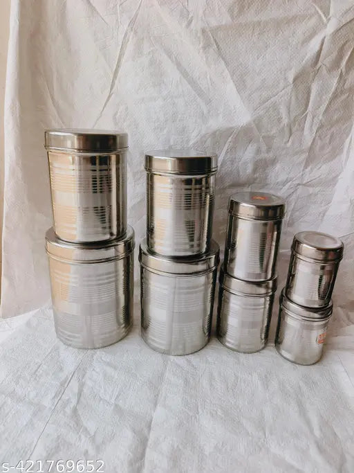 Silver stainless steel vertical canister set of 8 (350ML, 500ML, 700ML, 900ML, 1.25Ltr, 1.6Ltr, 2.2Ltr, 2.9Ltr) for kitchen storage