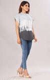 Grey tie-dye cotton slub top with short sleeves and printed pattern, versatile casual fashion for women (XS-XXL)
