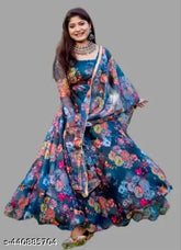 Printed Georgette maxi dress for women with long sleeves, Indian-inspired design on display rack