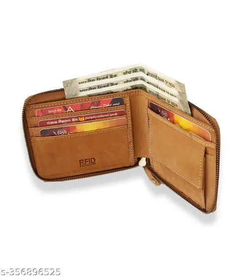 Genuine Teak Tan Hunter Leather RFID Blocking BiFold Wallet for Men, features 4 card slots, 2 secret compartments, & coin pocket. Handcrafted luxury leather wallet from LORENZ GL81