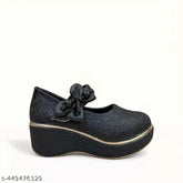 Synthetic leather wedge shoes, chic black woven upper with gold trim and bow detail, perfect for young fashionistas aged 5-9 years, made in India