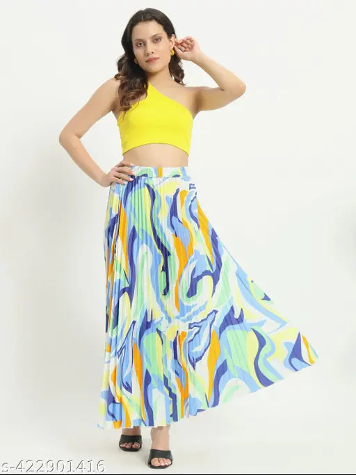 Floral print crepe skirt, elastic waist, versatile women's attire for all occasions. Worn by a model, available in sizes 26-38 inches. Made in India