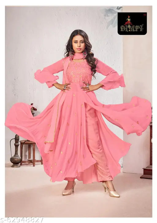 Georgette long kurti set with dupatta and bottomwear - printed, stitched net embroidery, XL size from India
