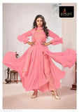 Georgette long kurti set with dupatta and bottomwear - printed, stitched net embroidery, XL size from India