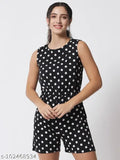 Black polka dot print crepe jumpsuit for women, sleeveless with easy zip closure