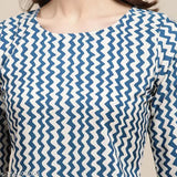 Stylish white & blue zig-zag printed crepe kurti for women, 100% American crepe fabric, all over print