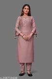 Pink cotton silk embroidered kurta set with pants, three-quarter sleeves, printed net pattern, single size available