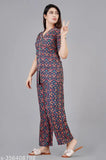 Printed rayon night suit for women, blue top and bottom with short sleeves, art silk and rayon fabric