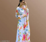 Pink Georgette long-sleeved party gown, floral print, round neck, Indian origin, women's formal wear, size S-XXXL