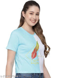 Light sky blue colorblocked cotton round neck t-shirt for ladies, trendy printed design with short sleeves