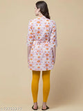 Pink rayon floral top and tunic, printed net, 3/4 sleeves, Mandarin collar with waist belt