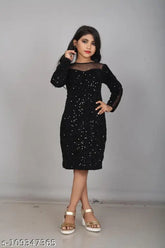 Black flax frocks dress, embroidered net fabric for girls aged 4-12 years, hanging sequence on pie rack