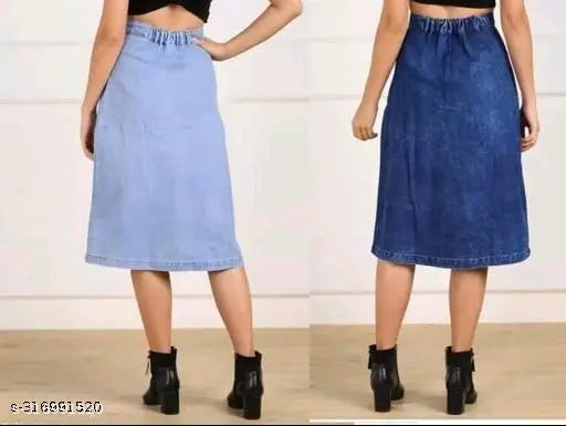 Denim midi skirt, dyed/washed, flattering cut for summer wear, fits waist sizes 28-40