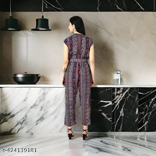 Colorful Indian Jaipuri Print Crepe Jumpsuit - Soft & breathable fabric, cinched waist, side pockets