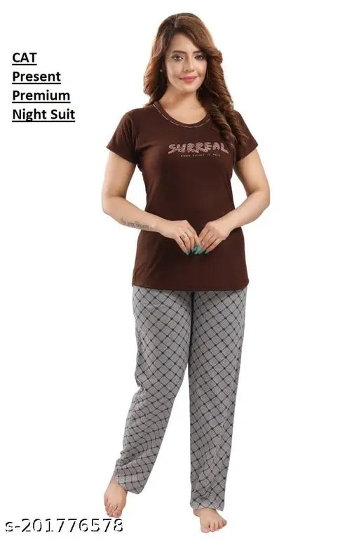 Chocolate brown women's hosiery cotton nightsuit set: half-sleeve T-shirt & pyjama pants, regular fit, 100% cotton, machine washable