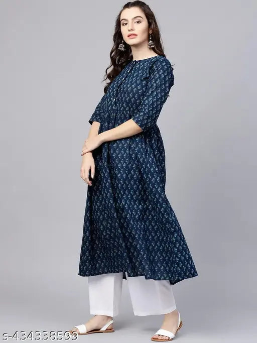 Blue & White Cotton Anarkali Jumpsuit with Geometric Print, 3/4th Sleeves, Palazzo bottom. Ideal for women and teenage girls. Versatile casual or party wear." (106 characters)