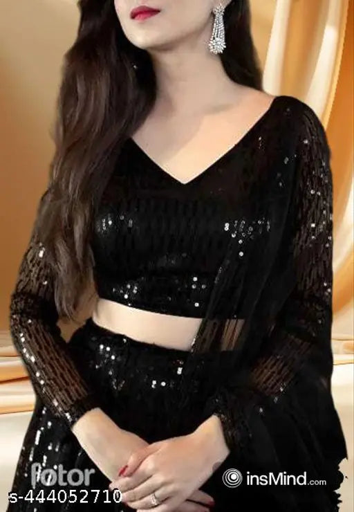 Black Semi-Stitched Lehenga Choli Dupatta Set - Embellished, net fabric, classic party wear for women and girls, featuring allover sequence work. Perfect for a stylish monsoon wedding look. Beautiful lehenga with paired blouse (unstitched). *Lehanga: 3.5 meters, Dupatta: 2.5 meters full-fitting, Blouse: 1 meter unstitched*. Lehenga for women, party wear, trending, flared, digital, chaniyacholi, high quality. Western wear lehenga choli for women
