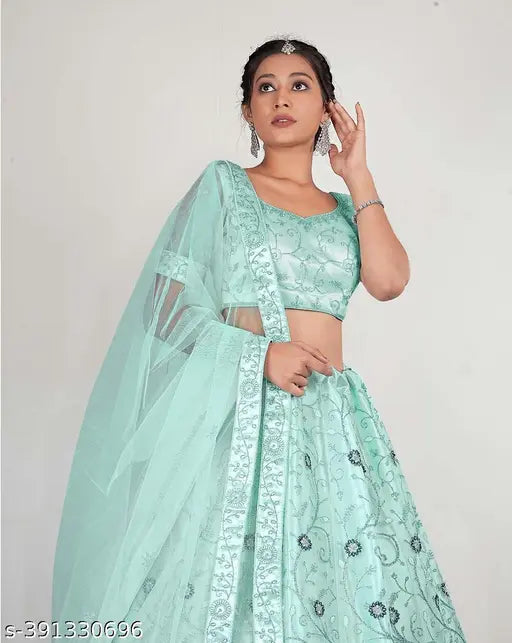 Sky Blue Embroidered Net Lehenga Choli Set, semi-stitched blouse, 2.5m dupatta, golden zari work, Indian wedding party wear