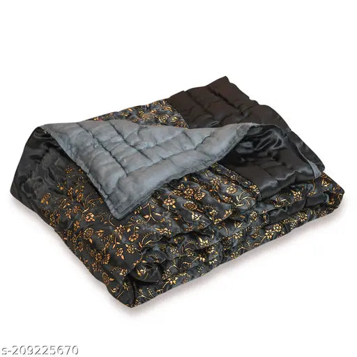 Grey satin Patti double quilt, Jaipuri print on KEERRAZ bed blanket, 90x100 inch, heavy winter use (330 thread count)